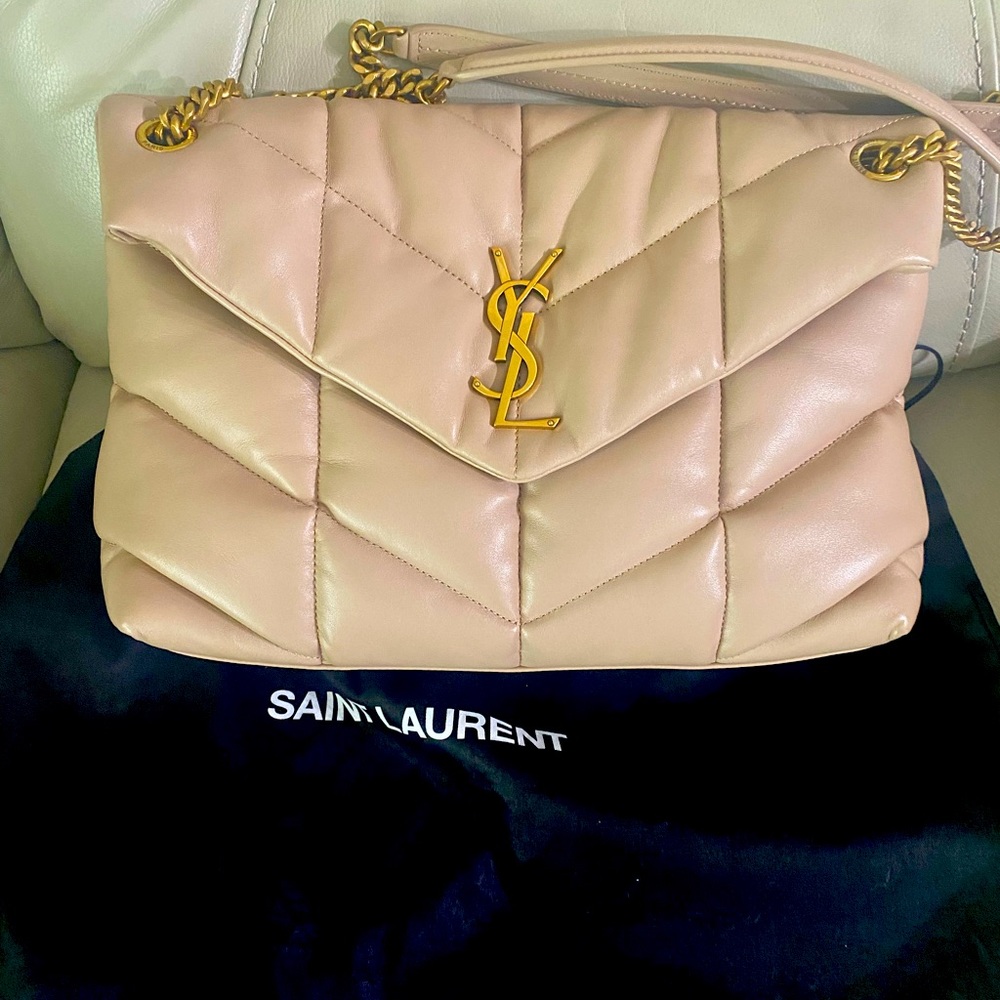 Authentic Saint Laurent puffed MEDIUM CHAIN BAG IN QUILTED LAMBSKIN Dark beige